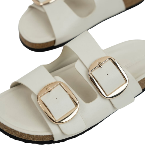 Cream Double Buckle Flat Slipper for Women