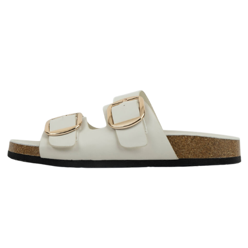 Cream Double Buckle Flat Slipper for Women