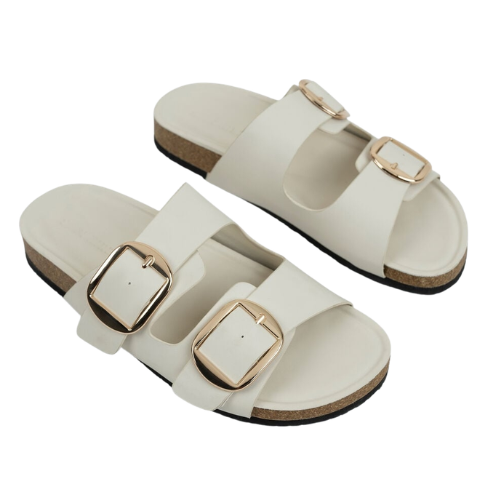 Cream Double Buckle Flat Slipper for Women