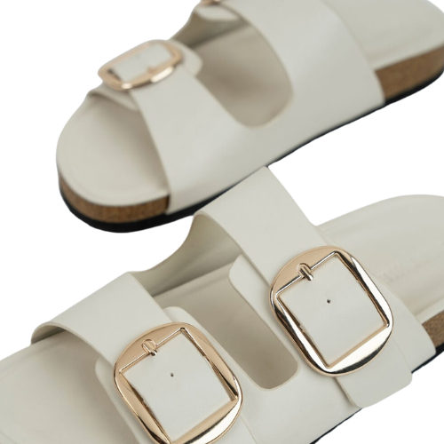 Cream Double Buckle Flat Slipper for Women