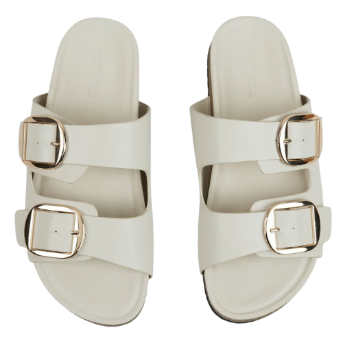 Cream Double Buckle Flat Slipper for Women