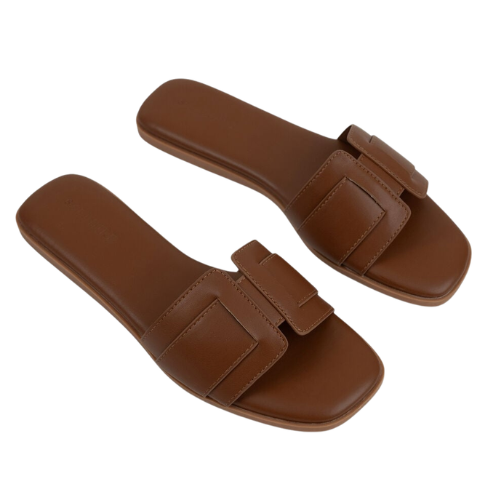 Brown Wide Strap Flat Slippers for Women